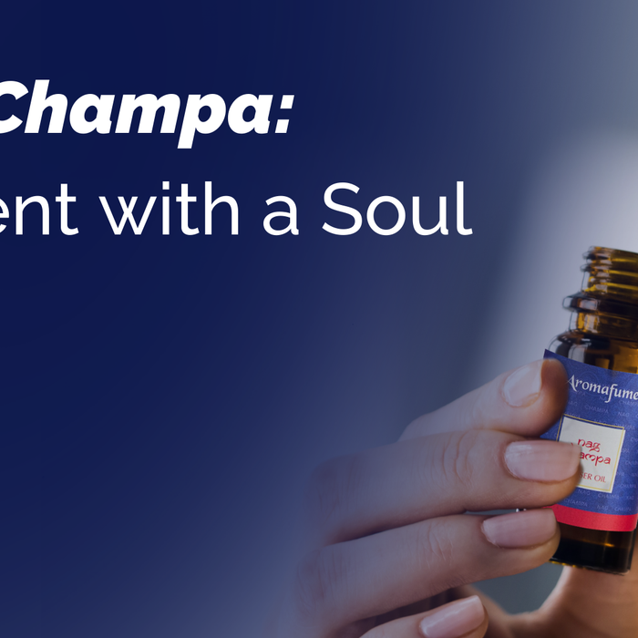 A person smelling Nag Champa essential oil, embracing its rich, soulful aroma with the text "Nag Champa – A Scent with a Soul."