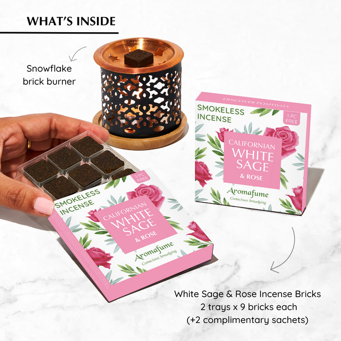 White Sage & Rose Incense Bricks & Burner Set