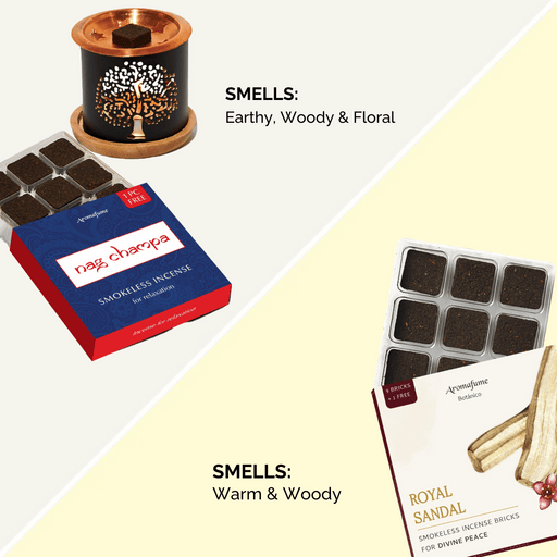 Nag Champa Smokeless Incense are a rich and enchanting blend of Floral, yet Woody notes.
Royal Sandal Smokeless Incense has a woody and warm scent.