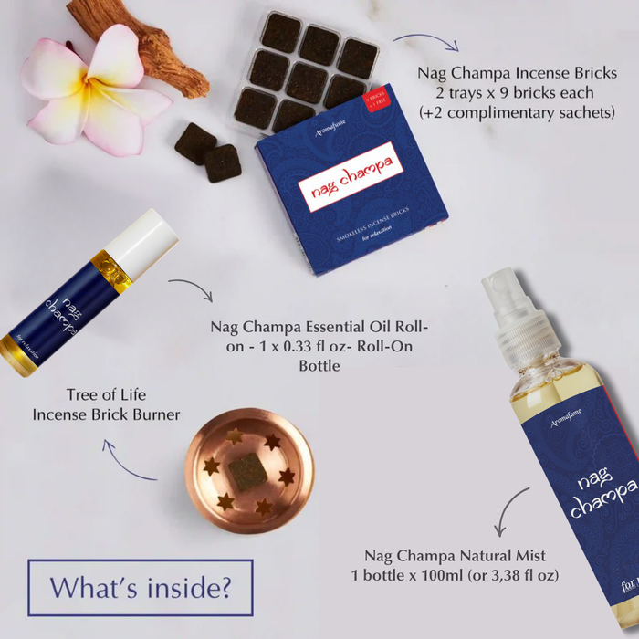 Whats inside the box:
Nag Champa Incense Bricks - 2 trays x 9 bricks each
Tree of Life - Incense Brick Burner
4 complimentary trial brick sachets
Nag Champa Natural Mist -3.38 fl.oz bottle
Nag Champa Essential Oil  Roll On - 3 x 0.33 fl.oz bottles
