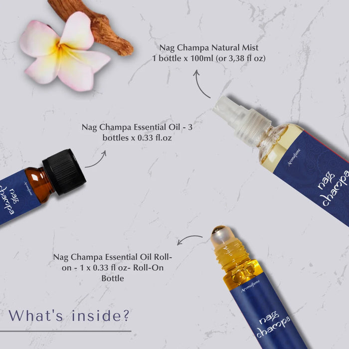 Whats inside the box:
Nag Champa Natural Mist - 3.38 fl.oz bottle
Nag Champa Essential Oil - 3 x 0.33 bottles
Nag Champa Essential Oil Roll-on - 1 x 0.33 fl.oz bottles