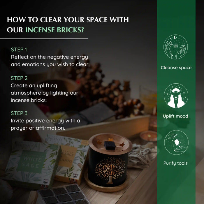 How to cleanse your space - Cleanse space with White Sage by lighting incense bricks on the burner and invite positive energy with a prayer or affirmation
