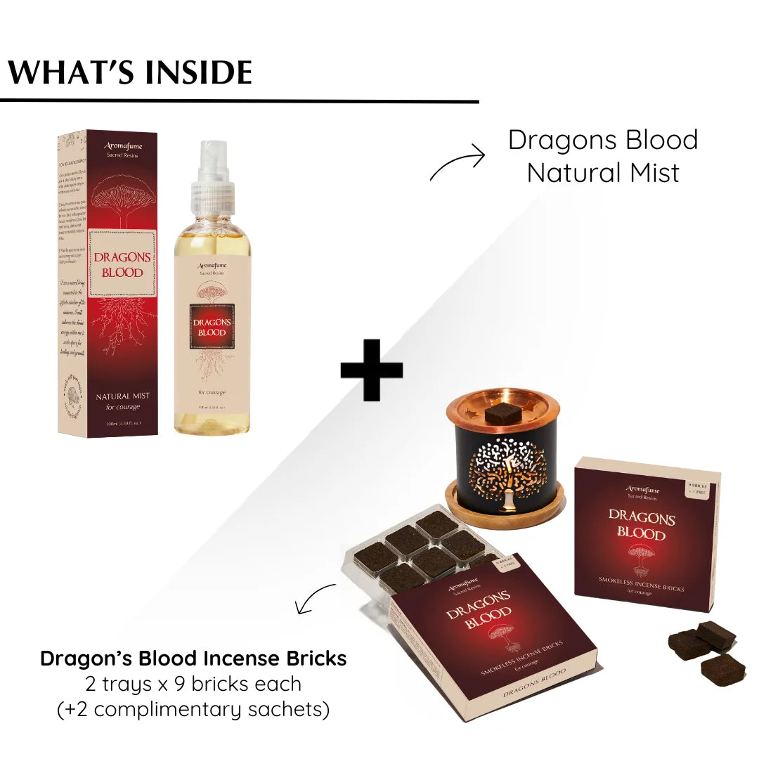 What's inside the box?

- Dragon's Blood Mist
- Dragon's Blood Incense Bricks
- Tree of Life Incense Brick Burner