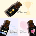 Spicy, earthy, woody, citrusy, floral & herbal scent notes of Love & Prosperity Oils – energizing, romantic & grounding.