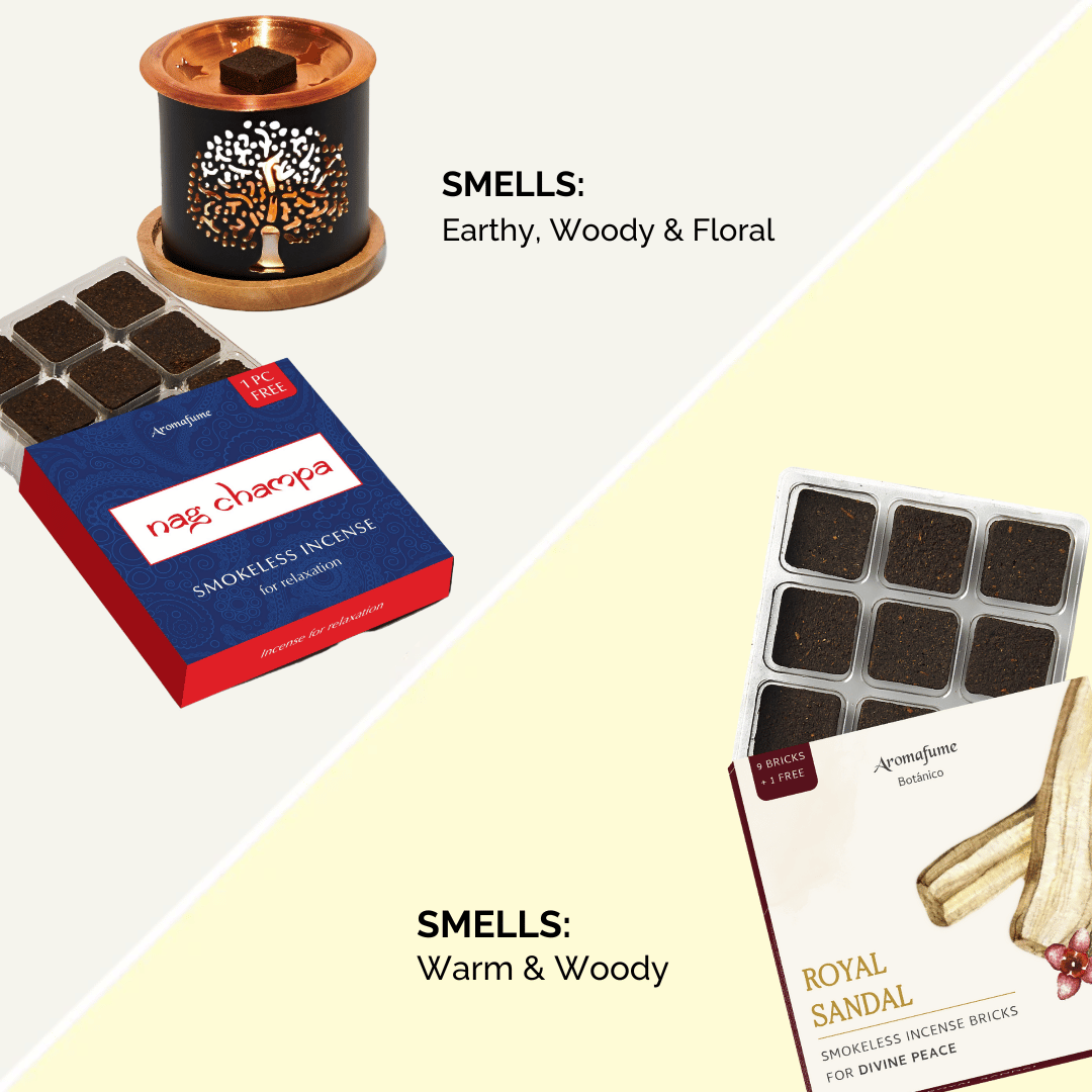 Nag Champa Smokeless Incense are a rich and enchanting blend of Floral, yet Woody notes.

Royal Sandal Smokeless Incense has a woody and warm scent.