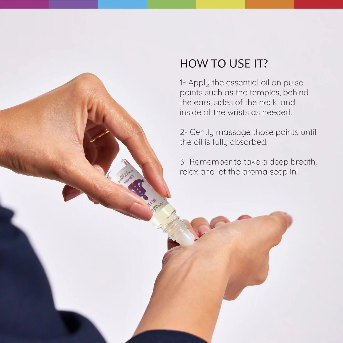 Apply Chakra roll on on pulse points, massage area and breathe in the relaxing aroma