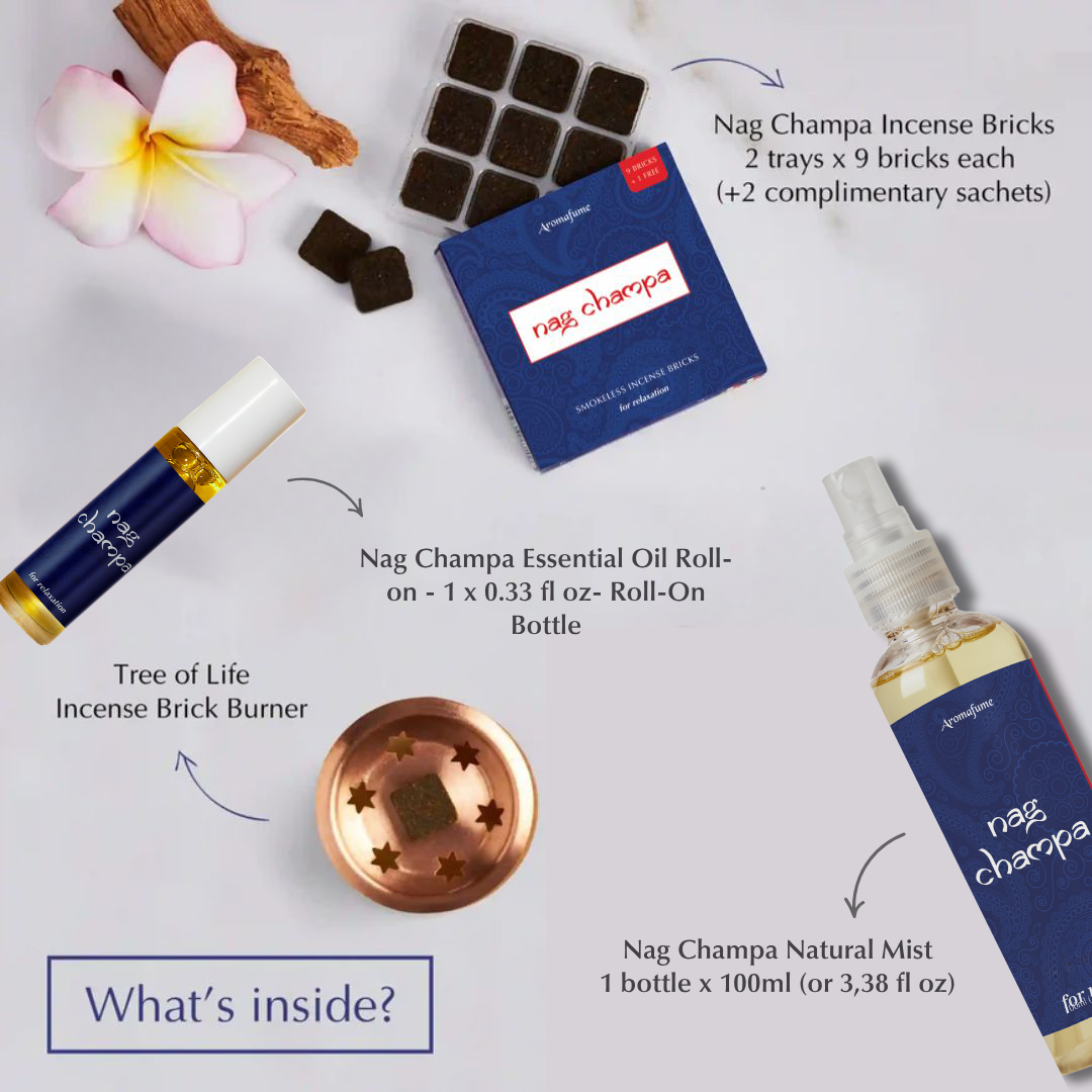 Whats inside the box:

Nag Champa Incense Bricks - 2 trays x 9 bricks each
Tree of Life - Incense Brick Burner
4 complimentary trial brick sachets
Nag Champa Natural Mist -3.38 fl.oz bottle
Nag Champa Essential Oil  Roll On - 3 x 0.33 fl.oz bottles
