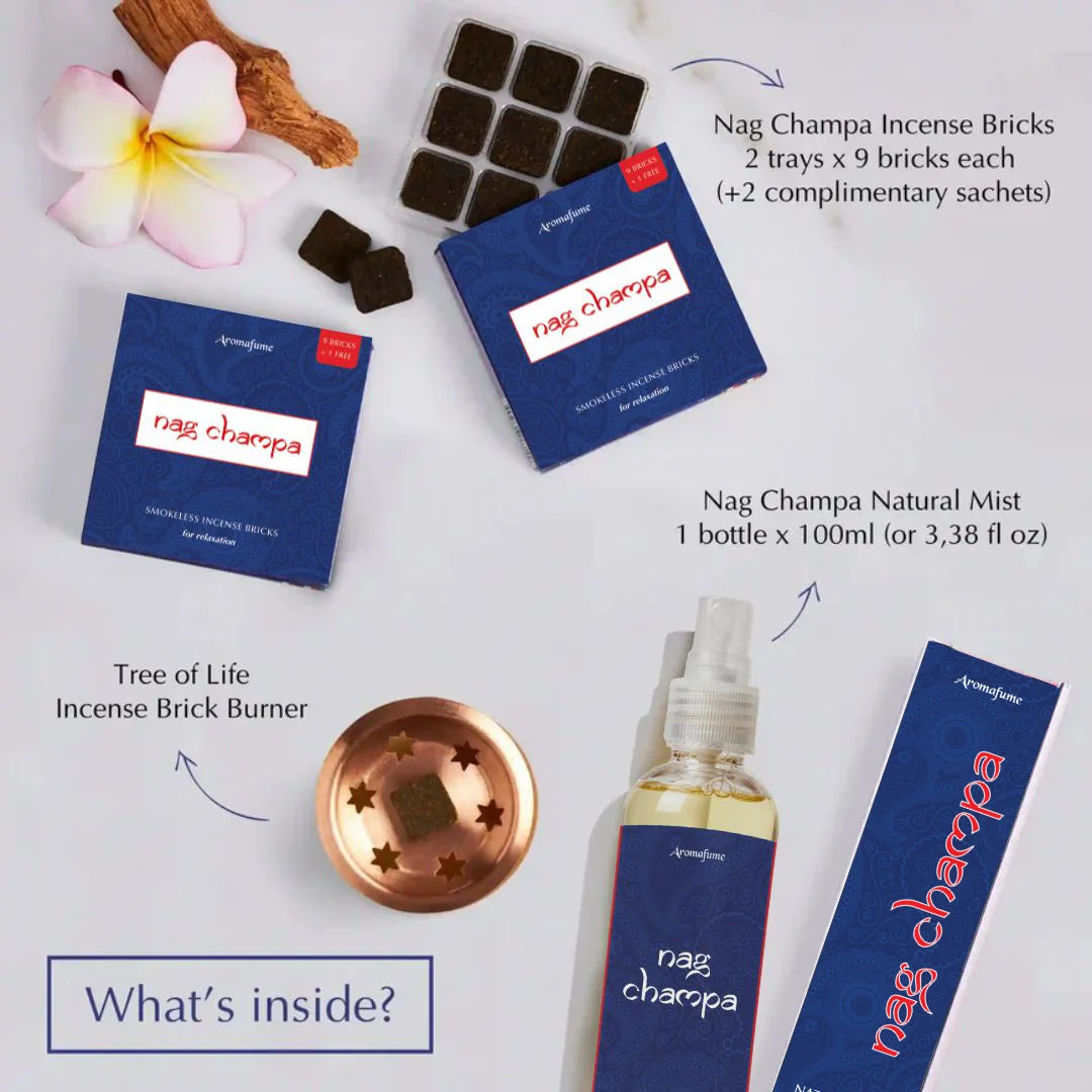 What's inside the box:

Nag Champa Incense Bricks - 2 trays x 9 bricks each
Tree of Life - Incense Brick Burner
4 complimentary trial brick sachets
Nag Champa Natural Mist - 3.38 fl.oz bottle