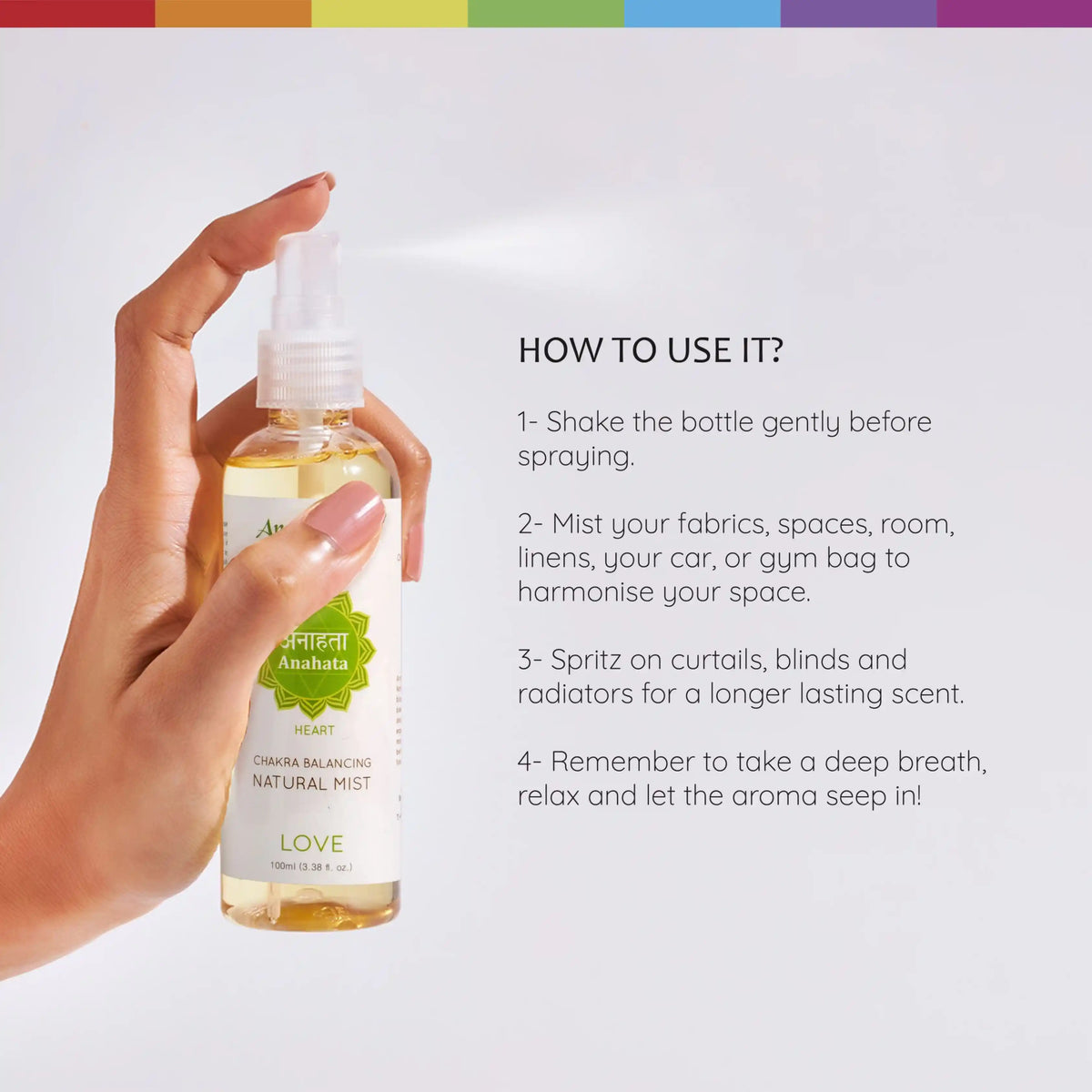 How to use - Spray Chakra scents on fabrics and linens, gym bag - take deep breathe, relax and harmonize your space