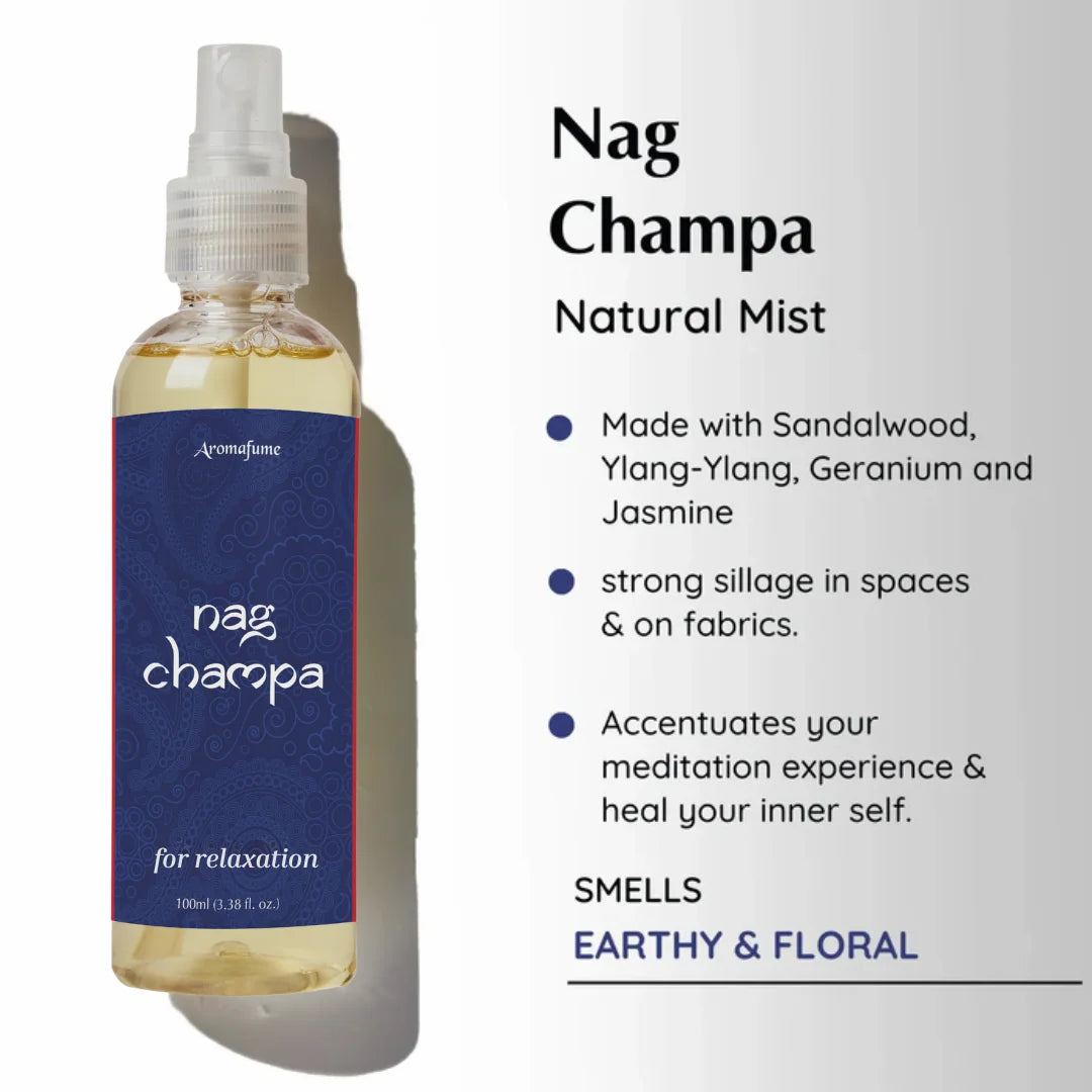 Nag Champa Natural Mist: Made with Champa, Jasmine, Sandalwood, Ylang Ylang, Geranium and more
