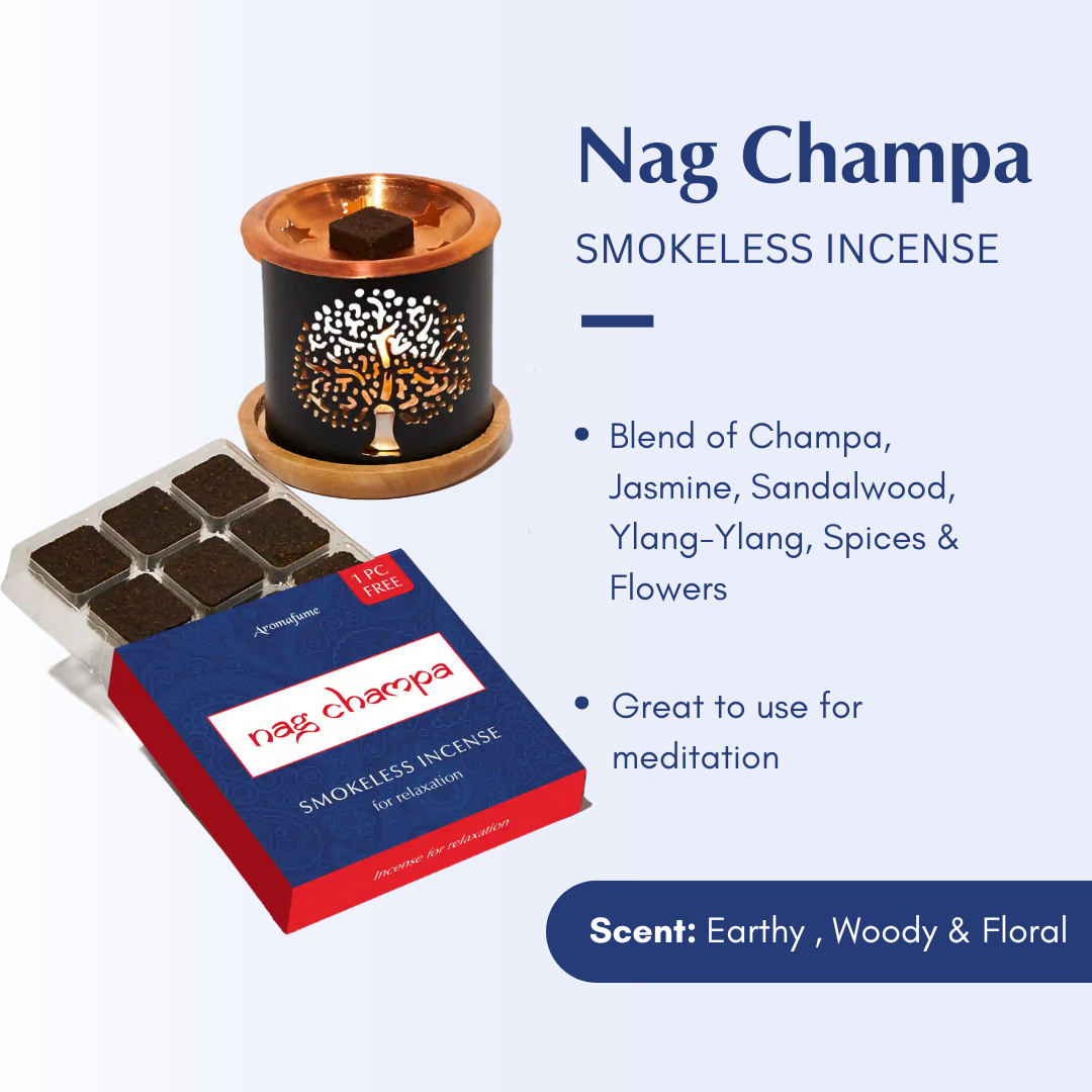 Nag champa: Blend of Champa, Jasmine, Sandalwood, Ylang-Ylang, Flowers.

Great to use for meditation.