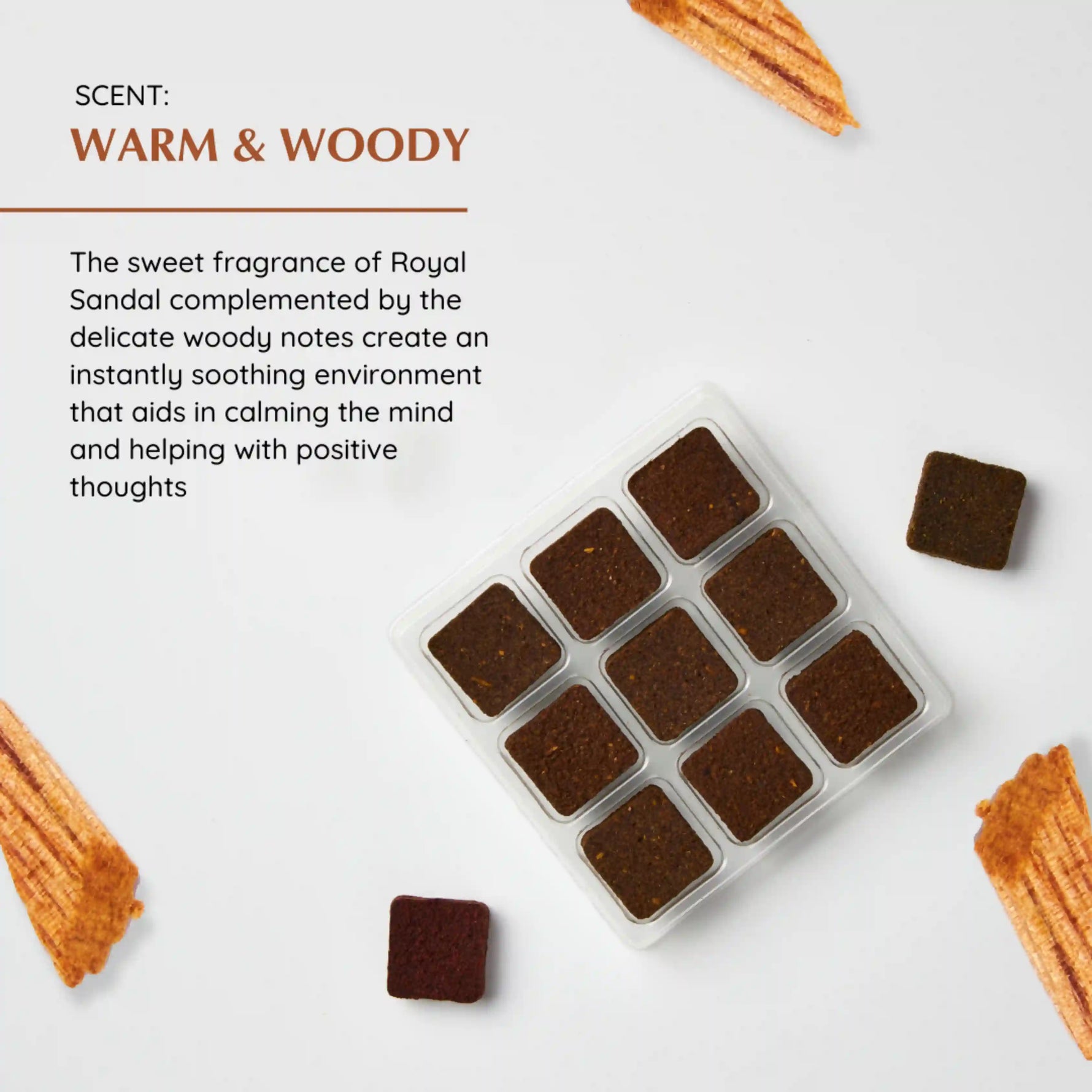 Smells warm and woody - creates a soothing environment that aids in calming the mind and helping with positive thoughts