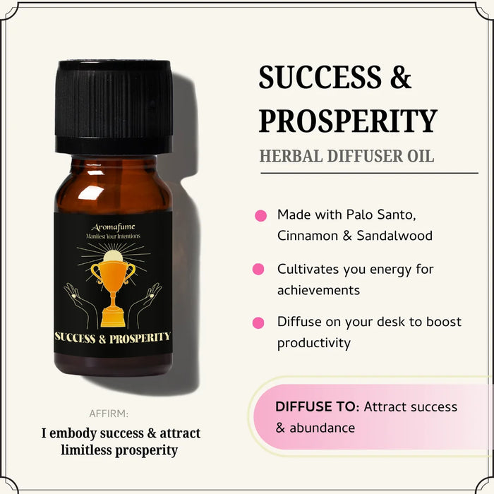 Manifest achievement & wealth with Success Oil—made with palo santo, cinnamon & sandalwood for abundance & drive.