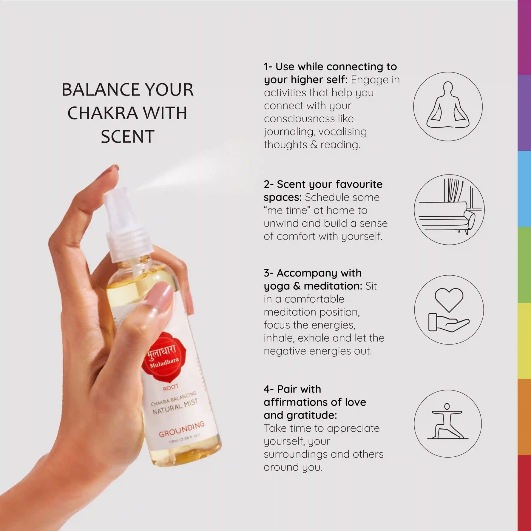 Balance Chakras with scent by pairing with  yoga, meditation journaling and affirmations of love