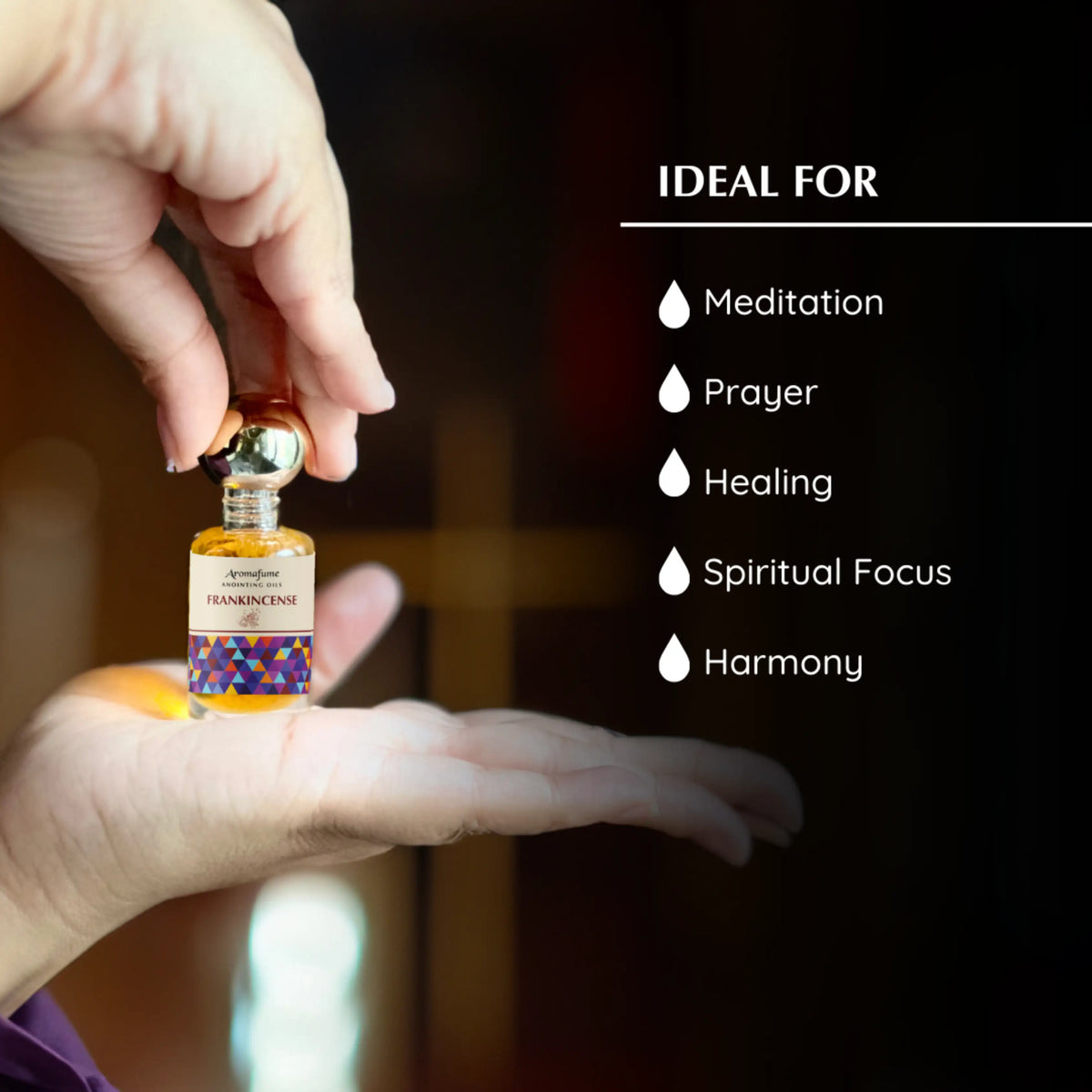 Apply anointing oil for meditation, prayer, healing and spiritual focus