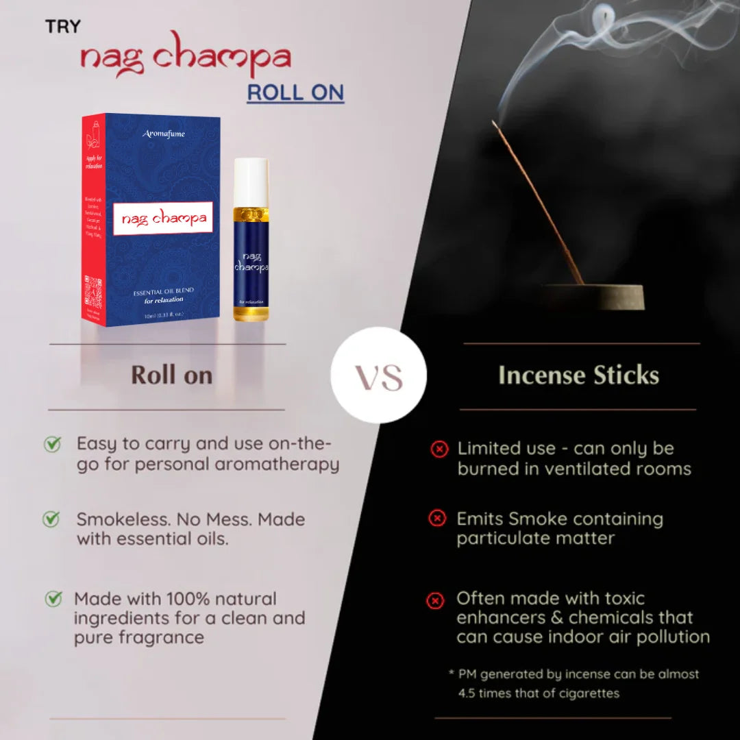 Nag Champa Essential Oil Roll on is all natural, charcoal free and long lasting and made with 100% natural ingredients