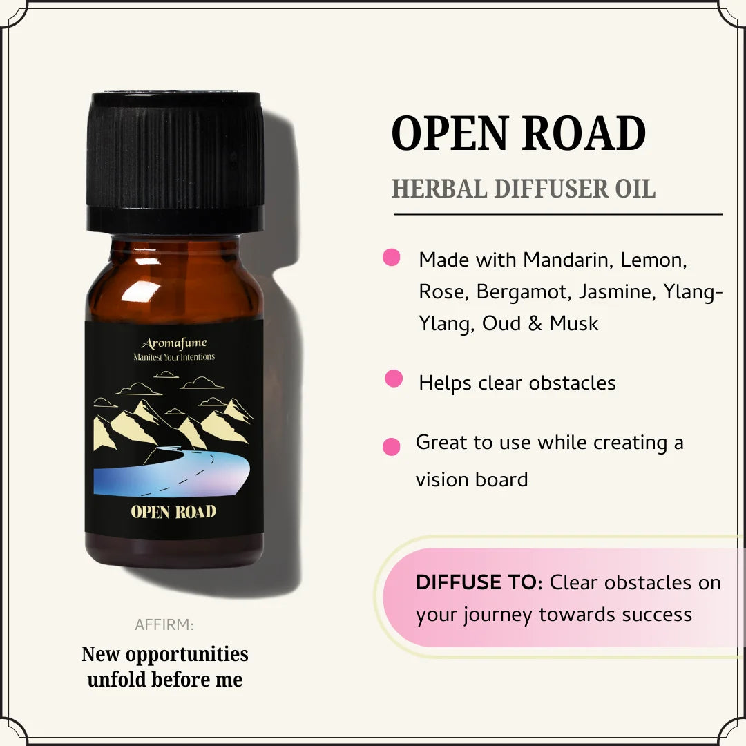 Open Road Oil clears obstacles & welcomes new beginnings with mandarin, rose, lemon, bergamot, jasmine & musk.