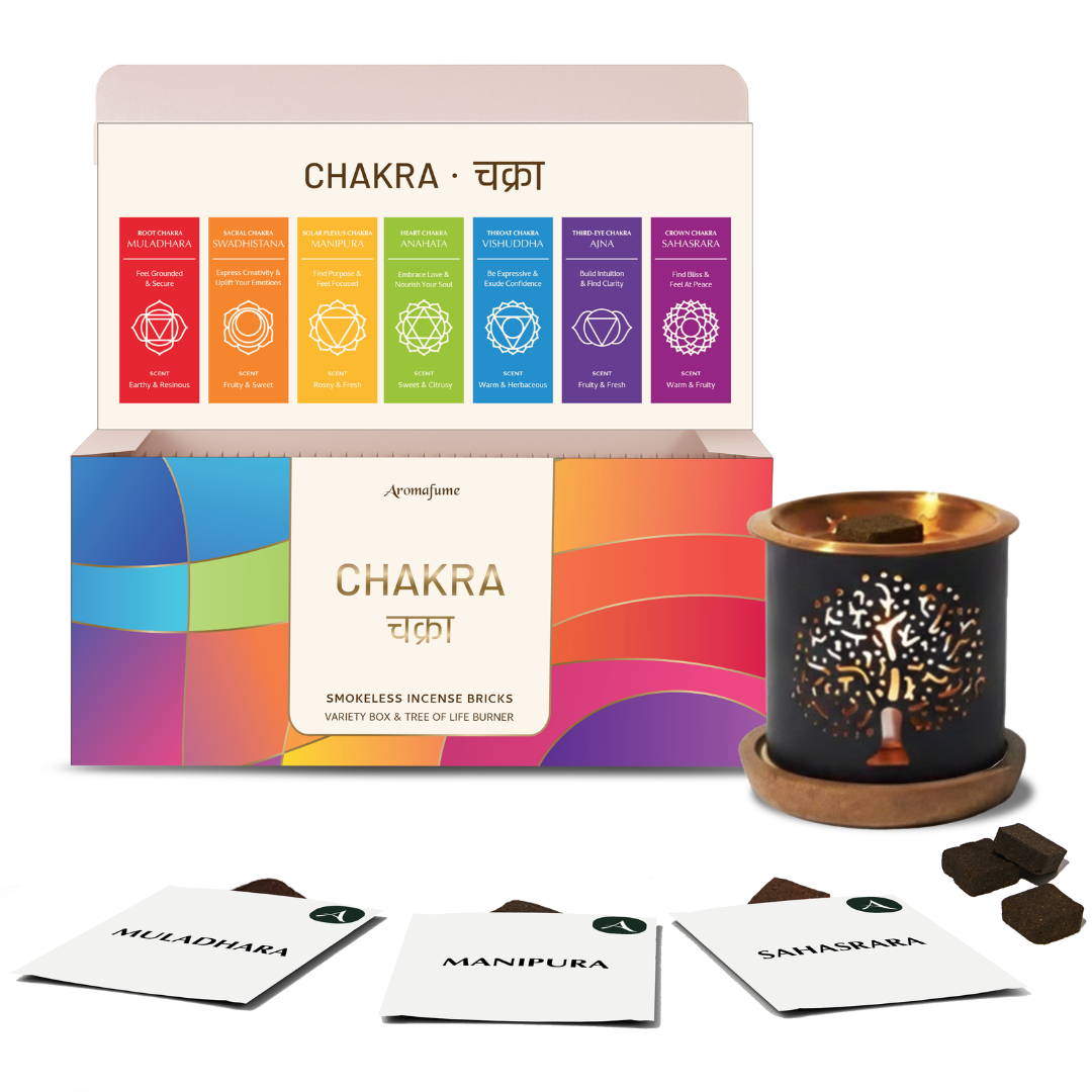 Aromafume 7 Chakra Incense Brick Gift Set with natural fragrance bricks for meditation and energy healing – includes sandalwood, jasmine, rose, and patchouli – Aromafume 7 Chakra Gift Set with essential oils and incense for chakra balancing – Root (Muladhara), Sacral (Svadhisthana), Solar Plexus (Manipura), Heart (Anahata), Throat (Vishuddha), Third Eye (Ajna), and Crown (Sahasrara) chakras